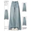Calça jeans azul claro de perna larga para mulheres, estilo fino de outono, para tipos de corpo pera, cintura alta, modeladora, bom caimento, solta, versátil, calça comprida