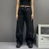 Jeans preto retro americano para homens, calças casuais estilo workwear lavadas para primavera/verão, calças retas largas e curvas da moda