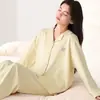 Pijama de primavera y otoño para mujer, algodón elástico, casual, se puede usar afuera, cárdigan con cuello de solapa, ropa de casa de manga larga, traje fino de otoño