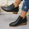 Europa y América comercio exterior punta fina cremallera trasera caña corta botas Martin mujer talla grande botas de cuero color liso adelgazantes tacón grueso botines