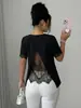 Camiseta de verano de manga corta con cuello redondo de color liso y panel trasero calado de encaje [Exclusivo para ventas transfronterizas]