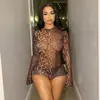 Comércio Exterior Transfronteiriço Moda Feminina Verão 2025 Nova Moda Estampa de Leopardo Sexy Costas Abertas Manga Longa Macacão Justo para Mulheres