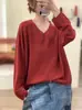 Suéter Pulôver de Tricô Solto com Gola V em Tencel, Cor Sólida, Manga Longa, Versátil e Emagrecedor, Novo para Outono/Inverno 2026, para Mulheres