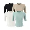 Top Delgado Elegante de Manga Media de Verano de Alta Gama Camisa de Punto Redonda Retro Francesa Camiseta de Media Manga para Mujer