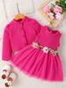 Conjunto para Bebê e Criança Pequena Menina Outono e Inverno Colete com Listras nas Axilas e Vestido Bordado Flor de Tela Jaqueta de Manga Longa Conjunto de Duas Peças