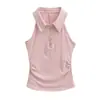 Regata feminina com gola polo preta, slim fit de verão, ombro cortado, top de tricô sem mangas
