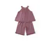 Conjunto de Verano 2026 Estilo Nuevo para Niñas Estilo Coreano Cuello Halter, Conjunto de Dos Piezas de Pantalones Anchos de Algodón y Lino con Borde Morado Color Pasta de Frijol, Transpirable para Niños