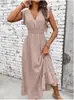 Vestido longo de alça V com babados e acinturado, atacado em estoque, novo modelo de verão, estilo europeu e americano transfronteiriço para férias na praia