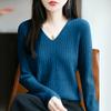 Camiseta Base de Punto Acanalado con Cuello en V Transfronteriza para Mujer, Nuevo Suéter Básico de Punto Pullover Sólido Simple con Mangas Largas