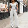Conjunto de camiseta de cor sólida com decote V slim fit + calça reta de cintura alta com perna larga, conjunto casual de duas peças feminino elástico