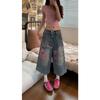 Jeans Estampado de Desenho Animado Feminino, Novo Estilo Primavera/Verão, Caimento Solto, Tamanho Grande, Cintura Alta, Estilo Americano, Shorts Cropped de Perna Larga Emagrecedor