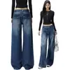 Cross2026 Estilo Outono/Inverno Retrô Americano Calça Jeans de Cintura Baixa Solta de Pernas Largas Caimento Versátil Design de Cintura Irregular Jeans