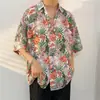Camisa Masculina de Algodão Artificial Vintage com Gola Cubana Estampada Floral Solta Estilo Hong Kong Havaiana para Casal Camisa de Manga Curta para Praia