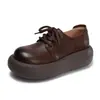 Sapatos Femininos de Couro Genuíno com Biqueira Larga 2026 Primavera/Outono, estilo de amarrar, couro genuíno, com aumento de altura, sola grossa, plataforma, leves, sapatos casuais retrô