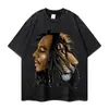 Camiseta Lavada y Desgastada con Estampado de León Rastafari, Cantante de Hip-Hop Europeo y Americano, Nueva Camiseta de Manga Corta Holgada de Talla Grande Transfronteriza para Hombre