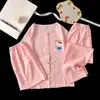 Conjunto de Pijama de Três Peças de Algodão Nuvem para Verão Manga Curta Gola Redonda Desenho Animado Fofo Estilo Menina Shorts Calça Longa Conjunto para Casa