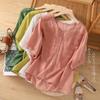 Tops Retro de Algodón y Lino para Madre de Mediana Edad Ropa de Verano Bordada de Lino para Mujer Camisetas de Manga Corta Nuevas de Talla Grande que Cubren el Vientre Venta al por Mayor