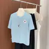 Top de punto de algodón con bordado, estilo universitario, color-blocking estilo americano, manga corta para mujer, camiseta básica de verano con cuello redondo y hombro normal, manga corta