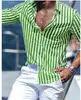 Camisa Casual Diaria Simple para Hombre Primavera y Otoño con Estampado 3D Rayas Cuello Solapa Manga Larga
