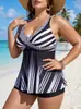 2026 Novo Biquíni de Duas Peças Retrô Listrado Floral Preto e Branco de Cintura Alta Conservador Europeu e Americano Plus Size