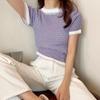 Estilo Verano Nuevo Transfronterizo Francés Xiaoxiang Tiene Base ~ Elegante Camiseta de Mujer con Rayas en Contraste Tejido de Punto Manga Corta para Mujer