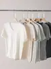Camiseta de Manga Curta com Ombro Normal para Mulheres em Acetato de Tencel e Linho, Top Casual de Verão com Gola Redonda e Bolso, Camiseta Básica Simples Versátil