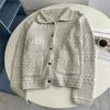 Suéter Cárdigan de Punto Hueco de Hilo de Algodón Cuello Chal Reductor de Edad Estilo Perezoso Casual Versátil Chaqueta Top de Moda