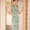 Vestido sin mangas con estampado hueco estilo chino con cuello alto abotonado para mujer, Sexy Cheongsam modificado de verano con abertura y falda larga