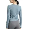 Top de yoga para mujer con cuello redondo, cordón y mangas largas. Alta elasticidad, transpirable y adelgazante, perfecto para correr, fitness y como capa base para entrenamientos.