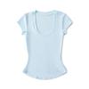 Camiseta Retro de Estilo Americano con Cuello U, Hombro Descubierto y Manga Corta para Mujer, Tencel Básico Simple de Color Sólido, Corte Slim, Dobladillo Curvo