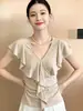 Camiseta de Manga Corta con Cuello en V y Volantes Estilo Francés para Mujer, Nuevo Estilo de Verano, Diseño Popular, Top Asimétrico Único y Hermoso