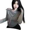 Blusa de Terciopelo Estilo Francés con Lazo, Manga Larga para Mujer, Otoño e Invierno, Corte Ajustado con Diseño Único y Aspecto Elegante