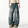 Jeans largo estilo americano para homem, marca da moda outonal, calça reta solta de cintura baixa, calça estilosa e legal de corte curvo para homem