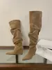 []2026 Nuevas Botas de Tacón Grueso Apilado con Pantorrilla Ancha Plisadas Botas Largas Europeas y Americanas de Punta Alta por Encima de la Rodilla
