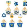 Conjunto de 6 peças criativas Hanukkah Magic Star Candlestick Kettle Conjunto de cartão de bolo Tema Decoração de festa Sinal de bolo
