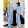 Conjunto Deportivo Casual Azul para Mujer 2025 Primavera y Otoño Nuevo Sudadera con Capucha Pantalones de Pierna Ancha Aspecto Adelgazante y Reductor de Edad Conjunto de Dos Piezas
