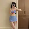 Estilo Japonés y Coreano Cuadros Azules Lazo Correa Pecho Pequeña Bikini Conjunto de Dos Piezas Falda Atuendo Sexy para Chicas Calientes