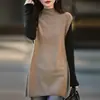 Chaleco de Punto Holgado de Lana 100% Estilo Coreano de Cuello Alto Perezoso para Mujer Otoño e Invierno de Longitud Media sin Mangas