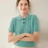 Suéter de Caxemira com Gola Polo Outono Inverno Feminino Manga Curta Camisa de Malha para Camada Interna Twist de Caxemira Manga Curta Estilo Preppy