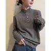 Suéter de Punto de Moda con Perlas, Cuello Medio Alto, Manga Larga, Color Sólido, Casual, con una Camiseta de Punto Casual de Manga Larga Debajo