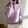 Cárdigan de lana de invierno para mujer con botones rojos, cálido, versátil, corte holgado, abrigo de punto de cuello alto de siete puntadas, agradable para la piel, engrosado, rosa