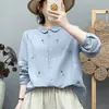 Camisa de manga longa de gaze de algodão de camada dupla de algodão puro bordada para mulheres, bordado floral artístico estilo Mori, macia e amiga da pele, modelagem solta
