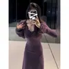 Vestido Longo Roxo Sexy de Renda Patchwork com Decote V para Outono e Inverno, Modelo Sereia Justo com Franzidos
