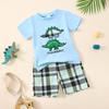 Nuevo Traje de Verano 2025 para Hombre Bebé, Camiseta Casual Transpirable de Cuello Redondo con Estampado de Dinosaurio y Pantalones Cortos a Cuadros