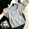 Camiseta de punto de manga corta con lunares y cuello cuadrado de verano 2026 para mujer, top versátil de capa base