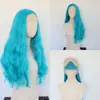 Peruca longa azul encaracolada estilo europeu e americano, fibra sintética de onda grande, fibra de alta temperatura, com repartição central e front lace, lace 13*4
