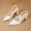 Sandalias de punta sin talón para mujer, tacones altos gruesos, zapatos de una sola tira con correa de perlas estilo hada, zapatos de talla grande para mujer para pies anchos