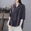 95% algodão 2022 vintage verão novo top de algodão e linho com decote V, camiseta de algodão e linho de manga curta que afina a silhueta para mulheres, solta e casual