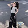 2026 Conjunto de Tendencia de Moda Verano Nuevo Estilo Coreano Manga Corta Lazo Dulce Encaje Pantalones de Pierna Ancha Conjunto de Dos Piezas