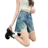Shorts de mezclilla rotos de color claro para mujer, nuevo estilo de verano, talla grande, cintura alta, holgados, adelgazantes, dobladillo deshilachado, hot pants de línea A